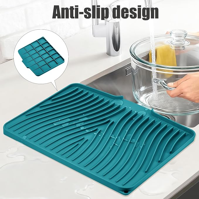 TIKNIK Silicone Dish Drying Mat for Kitchen Counter, Green-1pcs, 16" x 12" | Heat Resistant & Non-Slip Dish Drain Pad with Built-In Drain, Dishwasher Safe, Quick-Dry, Hangable & Roll-Up for Storage - Image 3