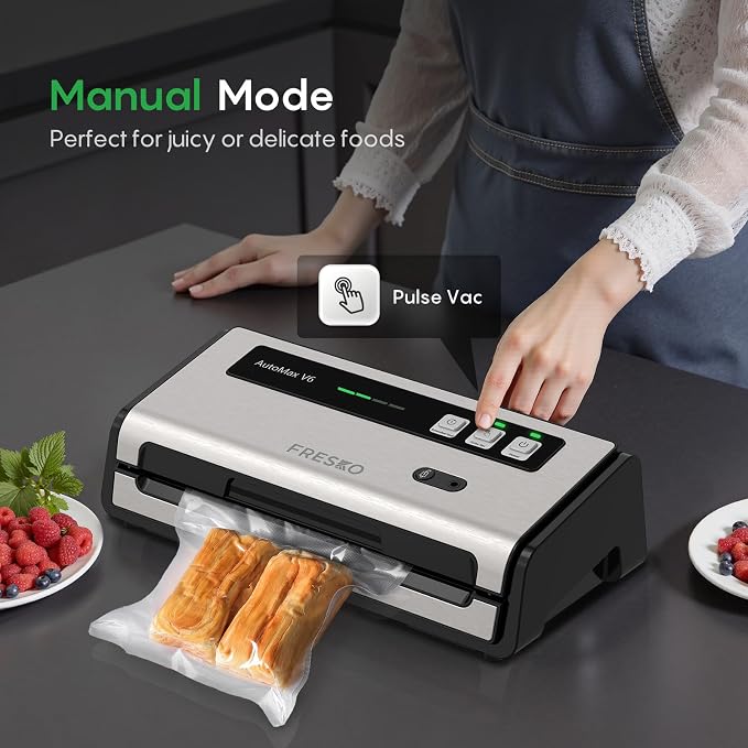 FRESKO Food Vacuum Sealer with Automatic Bag Detection & Built-in Cutter | 0.2-inch Widened Heating Strip for Meal Prep & Sous Vide Cooking, Built-in Bag Roll Storage, 1 Roll Bag & 10 Pre-Cut Bags - Image 5