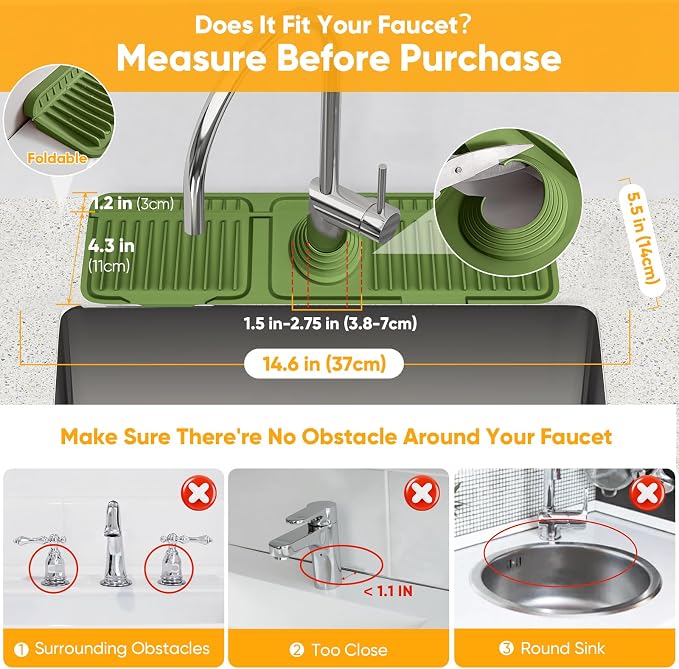 14.6 inch Faucet Mat for Kitchen Sink Splash Guard[7° Slope Fast Self-draining][Snap Lock Fit]Kitchen Sink Faucet Mat Splash Guard Kitchen Sink Area Water Splash Guard Behind Faucet Draining Mat - Image 3