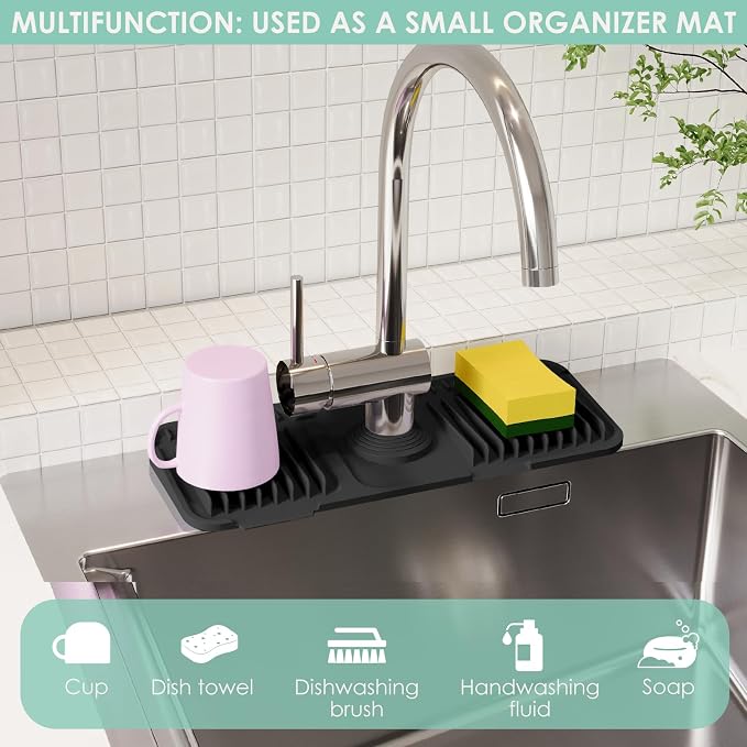 14.6-Inch Silicone Faucet Mat for Kitchen Sink Splash Guard, 7° Slope | 14.6"x5.5" water draining mat with fasten button; 1.6-2.75" customizable hole for bathroom, RV & kitchen sink drip catcher. - Image 7