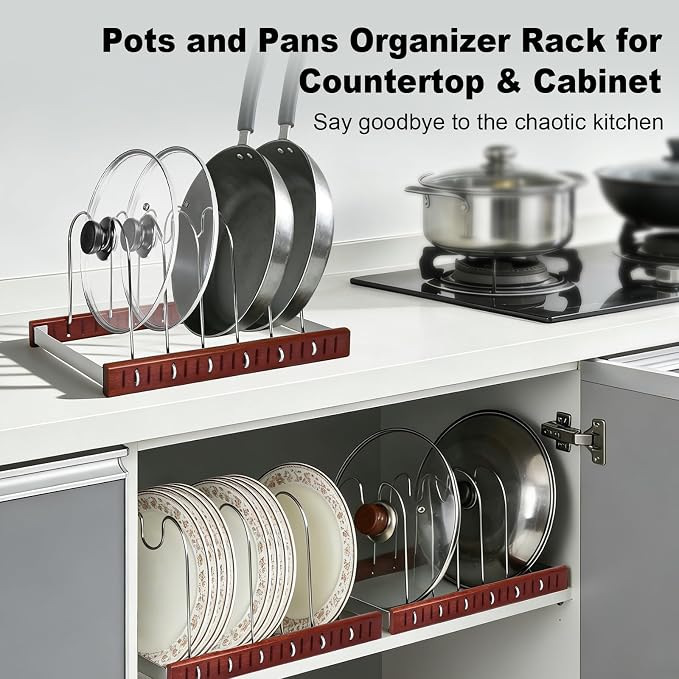 Pot Lid & Pan Organizer, Space-Saving Kitchen Cabinet Organizer W Oak Base & Self-Adaptive Flexible Design for Tray, Baking Sheet, Cutting Board, Cookware, Skillets - Cutting Board Holder Storage - Image 2