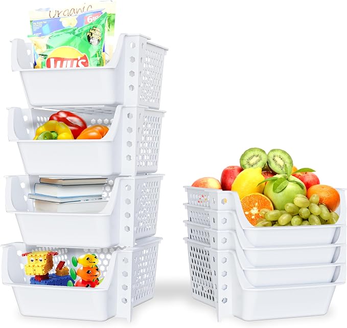 Skywin Stackable Storage Bins Open Front for Pantry Storage, 4 Pack - White | Sturdy Plastic, Easy Stacking, Breathable & Open Front Design, Pantry Storage for Snacks, Toiletries, and Small Essentials by Skywin
