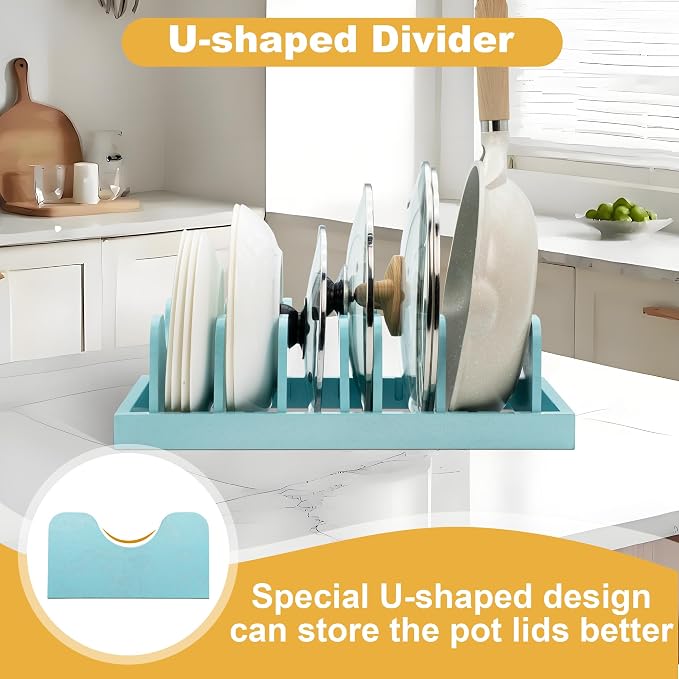 MinBoo Bamboo Pot Lid Organizer Pot Lid Holder, Pot and Pan Organizer Drawer Organizer for Pot Lids, Pans, Dinner Plates, Reusable Containers in Cabinet Storage,Blue - Image 3
