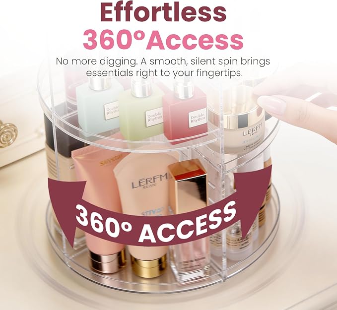 Masirs 360 Rotating Makeup Organizer Countertop, Adjustable Shelf, Clear | 360-Degree Rotating Makeup Organizer, Adjustable Shelf Height, Cosmetic Perfume Skincare Storage, Vanity Countertop, Clear - Image 3