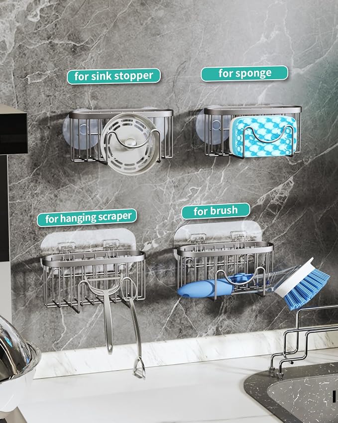 HapiRm Multifunctional Kitchen Sponge Holder with Unique M-Shaped, 2 Installation Ways Sink Caddy, Stainless Steel Kitchen Organizer for Sponge, Brush, Sink Stopper and Scraper -Brushed Nickel - Image 2