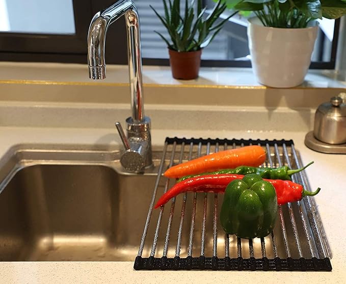 Roll up Dish Drying Rack Over The Sink Portable Stainless Still Rolling Rack Folding Mat for Kitchen Counter (Black, 17.7''LX11.8''W) - Image 4