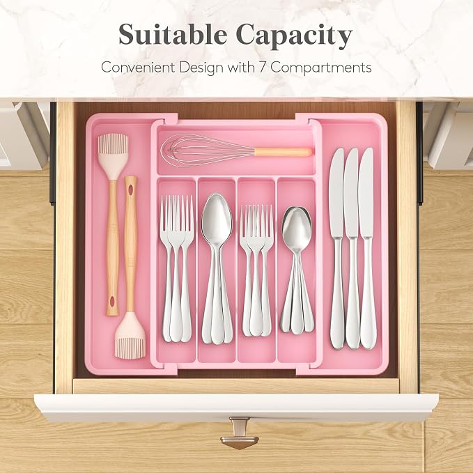 Lifewit Silverware Drawer Organizer, Expandable Utensil Tray for Kitchen, BPA Free Flatware and Cutlery Holder, Adjustable Plastic Storage for Spoons Forks Knives, 8.5"-14.1" x 12.1", Pink - Image 3