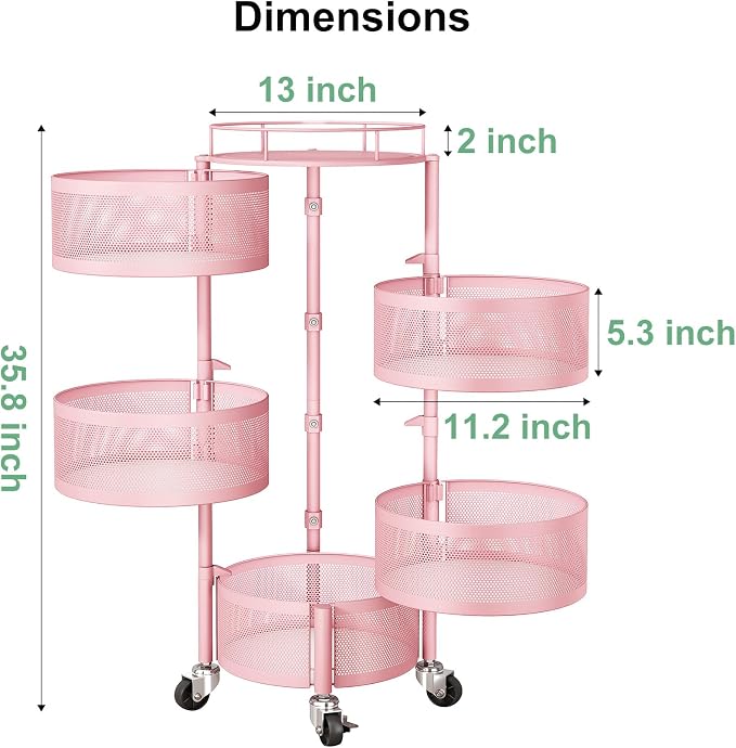 SAYZH 5 Tier Fruit Vegetable Basket Stand for Kitchen, Rotating, Pink | Rolling Storage Cart with top lid, Large Metal Wire Rack for Potato and Onion Storage - Image 2