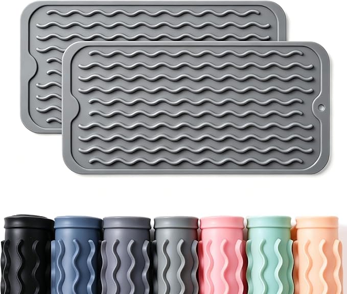 2 Pack Caketime Silicone Dish Drying Mat for Kitchen Counter Waterproof Under Sink Near Faucet with Bathroom Countertop Organizer Soap Holder New Home Essentials 12"x6" Gray by CAKETIME