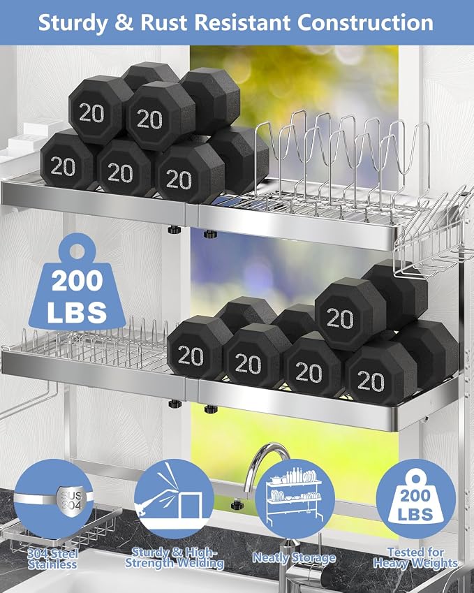 3-Tier Stainless Steel Over-the-Sink Dish Drying Rack, Expandable | Expands from 37.3 to 44.7 inches with three tiers, side hooks and holders to organize cookware, dishes and utensils. - Image 5