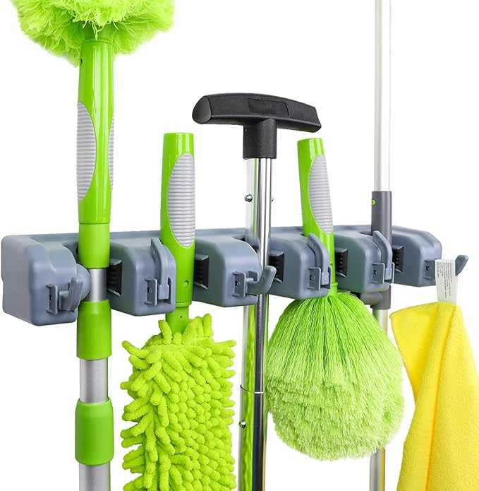Amazon Basics Rectangular Heavy Duty Wall Mount Broom and Mop Holder, Sturdy Tool Organizer with Hooks and Slots for Garage, Garden, Laundry, Kitchen Organization, 2.36 x 16.9 x 3.35 in, Gray by AmazonBasics