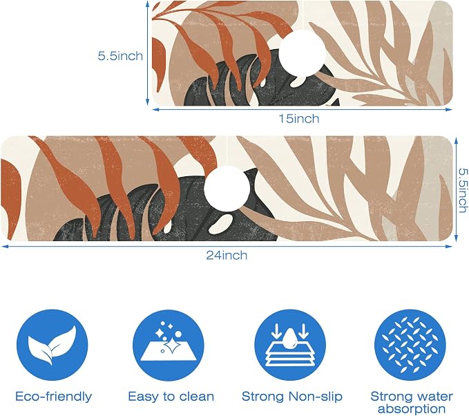 Mid Century Boho Leaves Kitchen Sink Splash Guard Absorbent Fast Drying Mat Faucet Draining Guard Behind Faucet Drip Catcher for Kitchen Bathroom 5.5"15" - Image 3