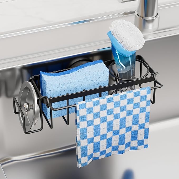 TAILI 4-in-1 Sink Caddy for Kitchen Sink with Strong Suction Cup-Black | Removable Sponge Holder for Kitchen Sink Organizer, Rustproof 304 Stainless Steel Holder for Sponge, Brush, Scrubber, Scraper by TAILI