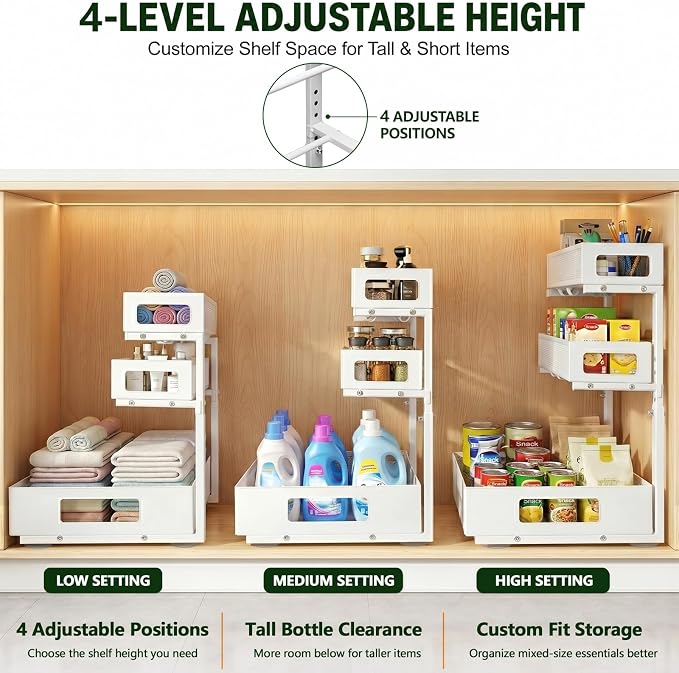3 Tier Under Sink Organizer,1 Pack Pull Out Cabinet Shelves with Adjustable Height,Heavy Duty Carbon Steel L-Shaped Storage for Kitchen Bathroom Sink,Pantry & Laundry,White - Image 8