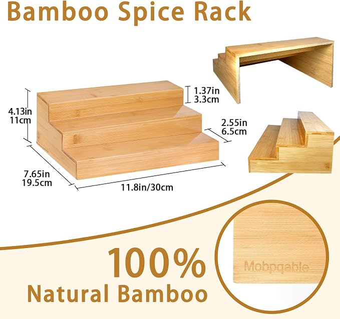 Spice Rack Organizer for Cabinet - 2PCS 11.8in Bamboo Spice Shelf | 3 Tier Seasoning Organizer for Countertop, Kitchen, Pantry - Apply to Standard Spice Jars, Vitamin Bottles, Sauce Cans - Image 3