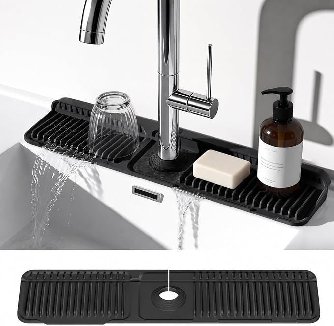 24 Inch Faucet Mat for Kitchen Sink, Silicone Splash Guard for Kitchen Sink Area, 7° Slope Fast Self-Draining Sink Mat, Cuttable Hole Design, Sink Backsplash Guard Draining Mat, Black by Prolixity