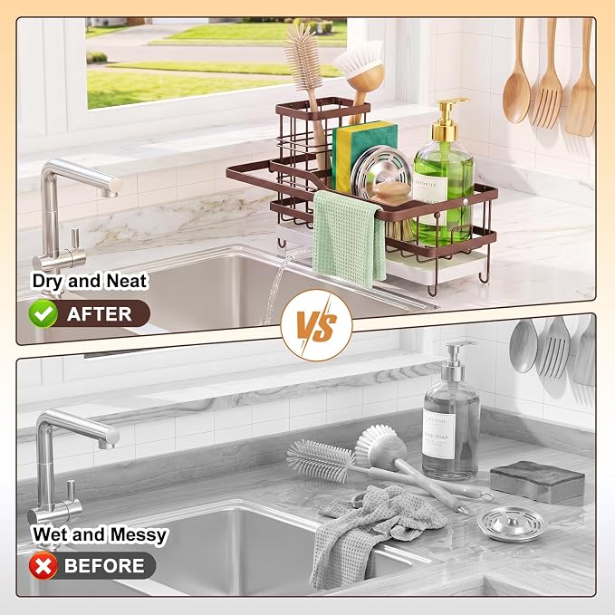 Sponge Holder for Kitchen Sink, Self-draining Sink Caddy with Towel Rack and Brush Holder, Metal Kitchen Countertop Organizers and Storage Essentials, Bronze - Image 4