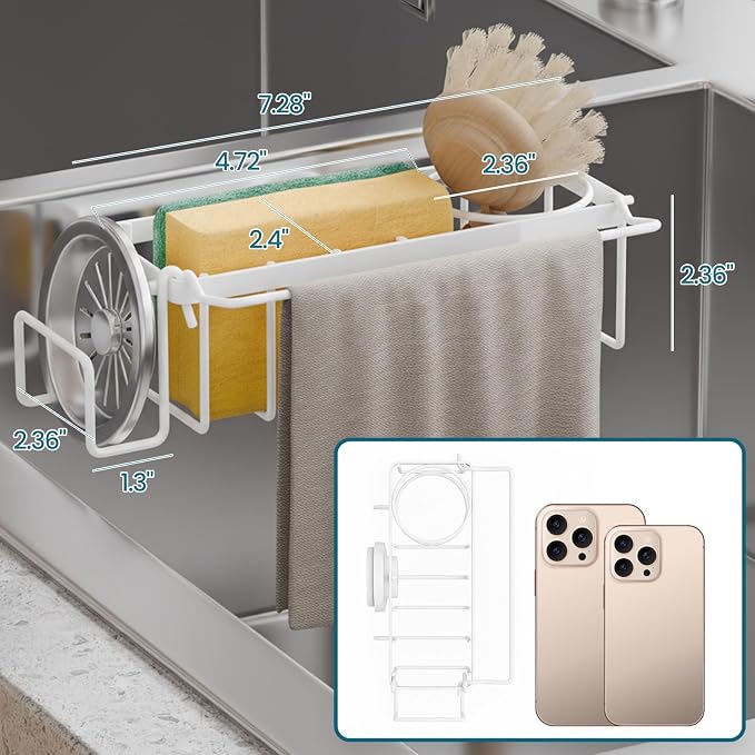 TAILI 4-in-1 Sponge Holder for Kitchen Sink with Strong Suction Cup-White | Removable Rustproof 304 Stainless Steel Multi-compartment Sponge Holder with Suction Cup, Keeps Brushes & Scrubbers Tidy - Image 2