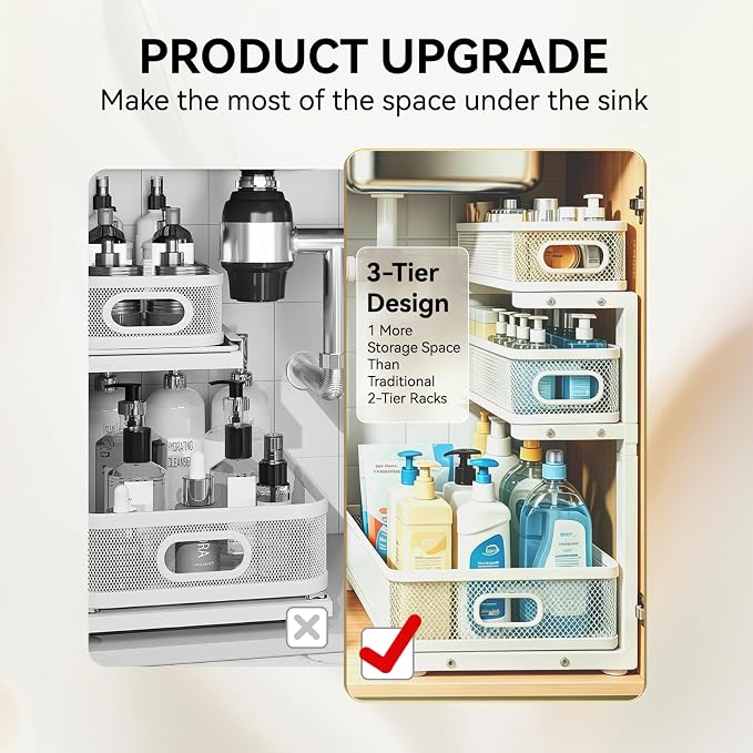 1 Pack 3 Tier Under Sink Organizer with Pull Out Drawer, Height Adjustable Heavy Duty Metal Under Cabinet Organizer, Smooth Sliding Storage Shelf for Kitchen, Bathroom Cabinet Organization, White - Image 3
