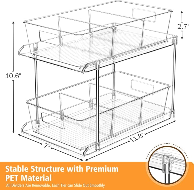 Bathroom Under Sink Organizers and Storage, 2 Tier, 3 Packs | Clear Vanity Countertop Pull-out Cabinet Organizer, Stackable Multi-Purpose Kitchen Pantry Organization with Dividers - Image 2