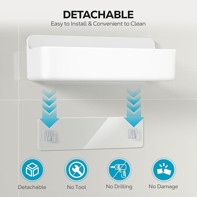 Nieifi Adhesive Shower Shelves, White, 5 Pieces | Rustproof ABS, Large Capacity, Removable Design, Easy-Clean, No Drilling Shower Organizer for Bathroom Storage & Home Decor - Image 8