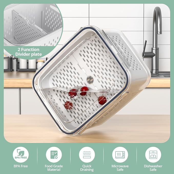 Anysig 8 Pack Fridge Fruit Storage Containers with Removable Colander | Fruit Containers for Fridge with 2 Function Divider Plate, Airtight Storage Container, Dishwasher Safe,Keep Berry Fruit Fresh - Image 2