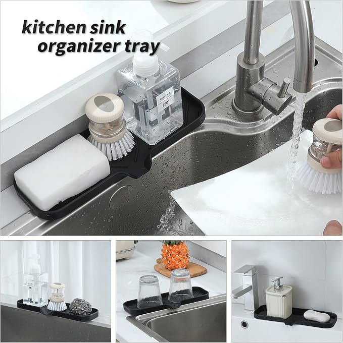 MicoYang Silicone Soap Dish with Drain Spout — Self-Draining Double Sink Organizer Tray for Kitchen & Bathroom, Dispensers, Sponges & Soap Holder, Non-Slip & Dishwasher Safe, Black (Large, 12"×4") - Image 5