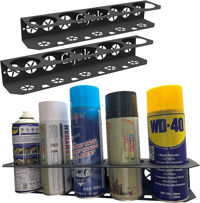 2 Pack Five Cans Wall-Mounted Steel Aerosol Spray Can Holder, Black | Steel Wall Mount Storage Organizer, For Garage and Workspace by Gijok