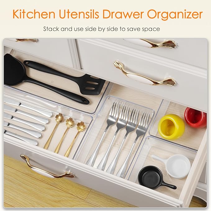 Drawer Organizer, 10 Pack Large Clear Plastic Set, 3 Size Versatile Bathroom and Vanity Organizer Trays, Storage Bins for Makeup, Bedroom, Kitchen Utensils - Image 4