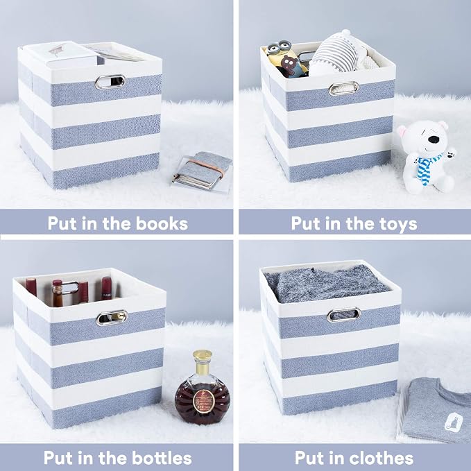 13x13x13 Storage Cubes Bins,Collapsible Fabric Bins 4Pack,Blue-white | Fabric Storage Drawers Cubby Organizer Bins Striped Container for Organizing Home Office Wardrobe Closet Shelf - Image 6