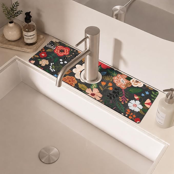 Boho Black Flowers Kitchen Sink Splash Guard Faucet Mat,Faucet Non-Slip Absorbent Mat,Farmhouse Sink Splash Guard Behind Faucet for Kitchen Bathroom, 15"x5.5" - Image 6