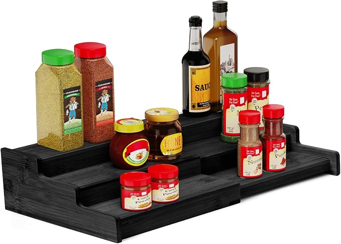 Spice Rack 3-Tier Natural Bamboo, Adjustable Cabinet Organizer Shelf | Expands 8.7-15.6"cabinets. Stepped design, labels visible.Storage organizer saves space, easy wipe. For spices, jars,cans. by VenDotbi