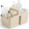 Plastic Shower Caddy Portable Shower Basket with Bamboo Handle, Cream | Cleaning Caddy Organizer Storage Tote for Bathroom, College Dorm Essentials, Bath Toy Storage by rejomiik