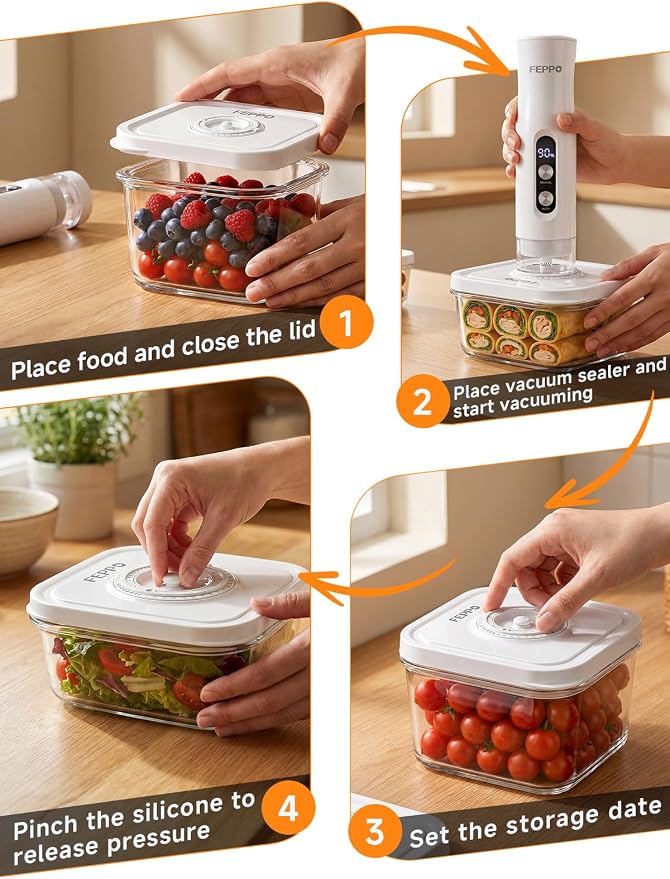 FEPPO Vacuum Sealers Containers for Food Storage, 3 Pcs Set [1* Small, 1* Medium, 1* Large] Works with Handheld Compact Vacuum Sealer Machine for Fridge, Freezer & Pantry, BPA-Free, Date Tracking Lid - Image 8
