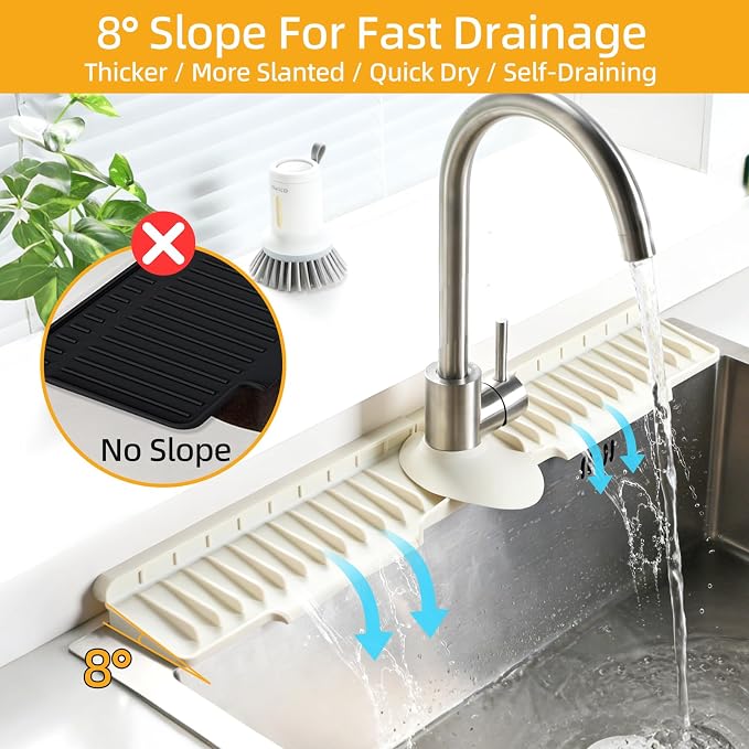 24" Silicone Sink Mat for Kitchen(Released in 2026), Beige | 8° Slope for Quick Self-draining, Sink Splash Guard Behind the Faucet, Narrow Water Splash Guard, for Kitchen&Bathroom Area - Image 3