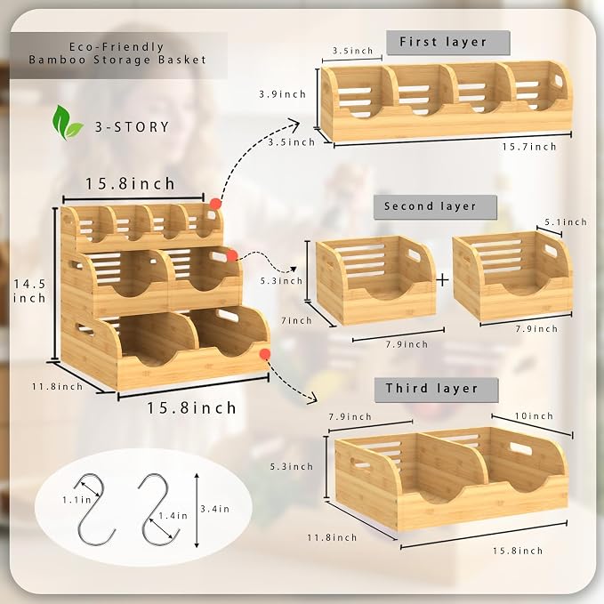 Potato and Onion Storage Bin, Made of bamboo, With 2 banana hooks | With 2 Banana Hangers,Stackable Potato and Onion Storage Bin with Airflow Vent,Vegetable Storage,for Kitchen Countertop - Image 2