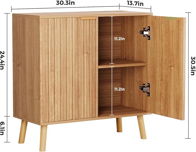 Set of 4 Fluted Storage Cabinet, Buffet Cabinet with Storage, Wood Sideboard with Adjustable Shelf, Modern Accent Cabinet & Console Table for Entryway, Living Room, Dining Room, Natural - Image 2
