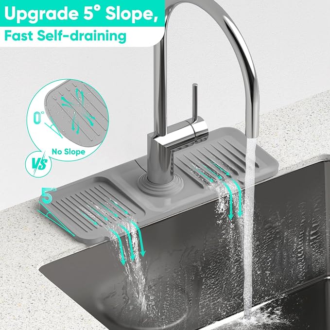 14.6'' Faucet Mat for Kitchen Sink [5°Slope Fast Self-draining] Kitchen Sink Splash Guard Silicone Kitchen Sink Faucet Mat Splash Guard for Kitchen Sink Area Tidy Splash Faucet Guard Draining Mat - Image 2