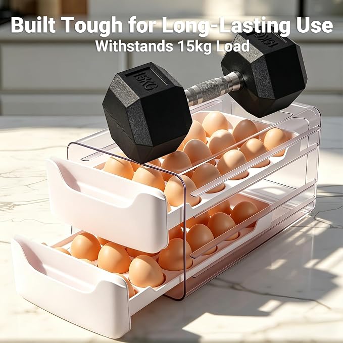 Egg-Holder for Fridge, Fits Small to Large Eggs, White | 36 Egg-Storage for Refrigerator Countertop, 2 Tier Dispenser with Drawer, Stackable Clear Egg Tray Container - Image 4