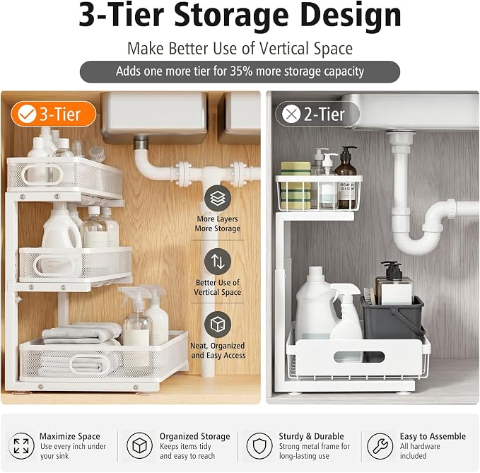 Under Sink Organizer, 3 Tier Pull Out Cabinet Organizer with 5 Adjustable Heights, Metal Under Sink Storage with Sliding Drawers for Kitchen, Bathroom, Pantry and Laundry Room, 2-Pack White - Image 4