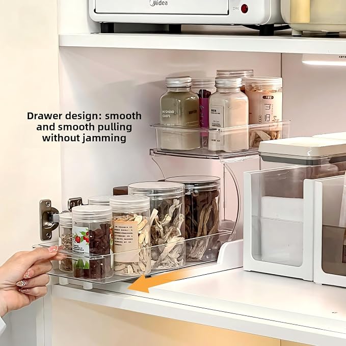 Jsyrjing 2 Pack Pull Out Spice Rack, 2 Tier Clear Cabinet Organizer | Rotating Pantry Organizer for Kitchen, Bathroom and Makeup Storage, Sliding Drawer Design for Under Sink Cabinets - Image 3