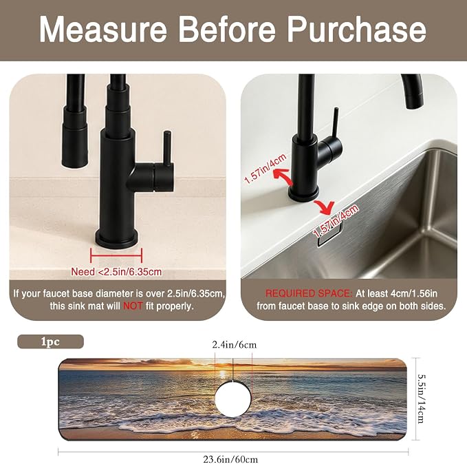 Faucet Mat for Kitchen Sink Seaside Scene Island Sink Splash Guard Behind Faucet Soft Diatom Mud Material Non-slip Easy to Clean for Bathroom & Kitchen 24"X5.5" - Image 2