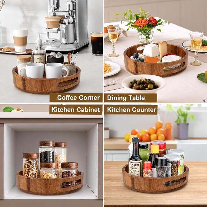 Wooden Lazy Susan – 10 in Acacia Wood Turntable Organizer for Cabinet，Multi-Purpose Home Decor Rotating Tray for Bathroom Accessories, Bedroom Makeup Organizer & Countertop Storage - Image 6