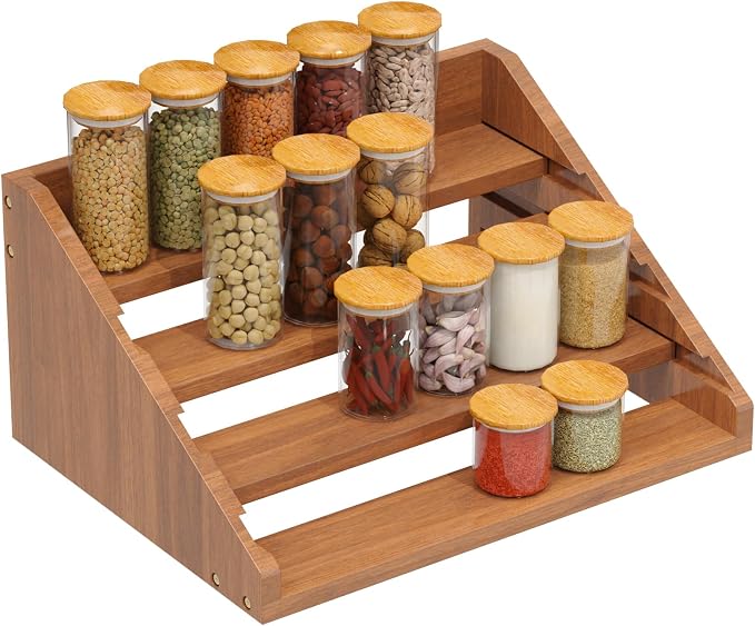 Solid Wood Spice Rack Organizer for Countertop & Cabinet, 4 Tier Adjustable Wooden Spice Shelf with Sliding Track, Premium Step Seasoning Bottle Holder for Kitchen, Pantry & Office, Walnut Brown by YUELGUANG