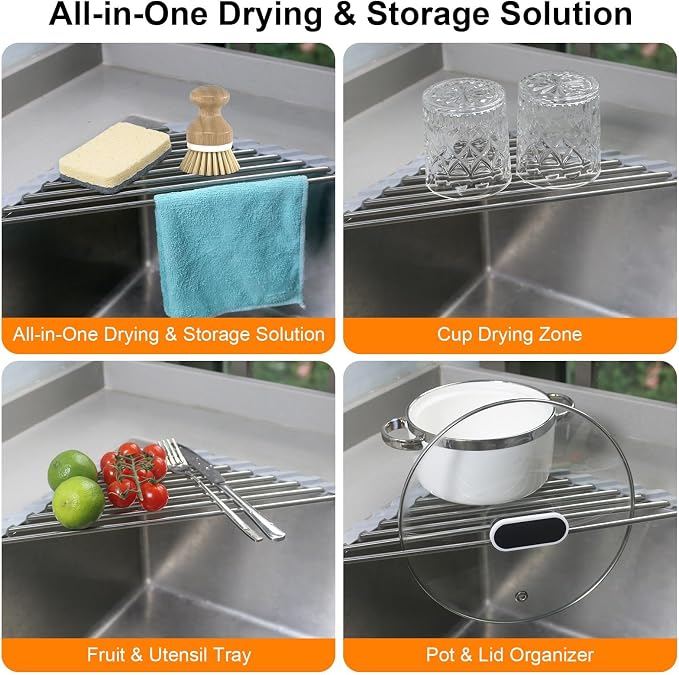 Corner Sink Caddy Triangle Dish Drying Rack for Sink Corner, Sponge Holder Roll Up Dish Drying Rack Over The Sink, Stainless Steel Kitchen Sink Organizer Drainer Mat Sponge Caddy for Counter Storage - Image 5