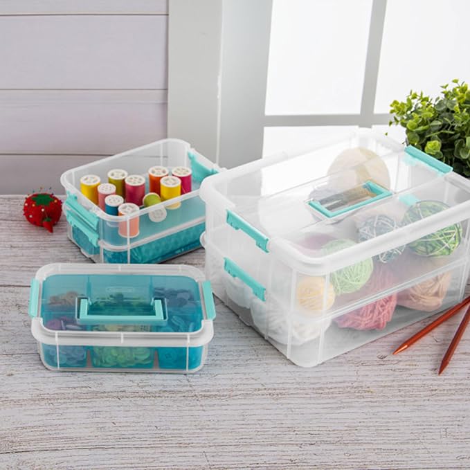 Sterilite 24 Pack Plastic Storage Box Container, 3 Layer, Stack and Carry, Clear/Blue - Image 5