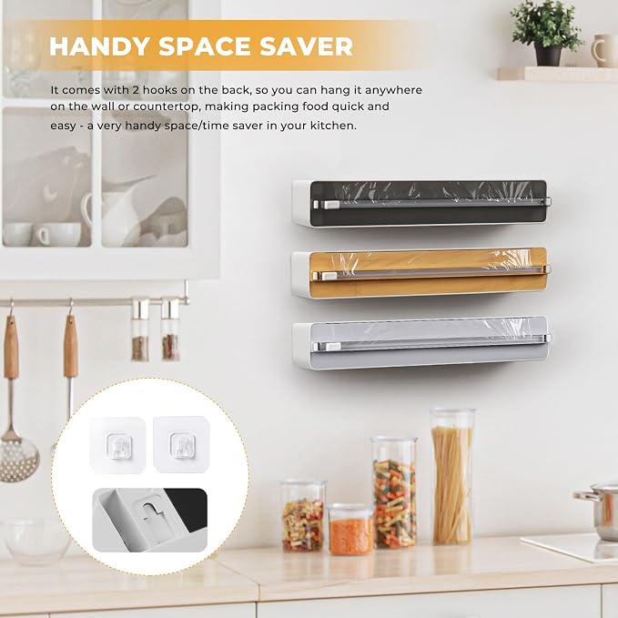 Magnetic Plastic Wrap Dispenser with Cutter - Quasziwa Upgrade Practical Refillable Cling Wrap Aluminum Tin Foil Organizer for Drawer, Include an Extra Roll of 12"X 164' Food Cling Film - Wood Grain - Image 5