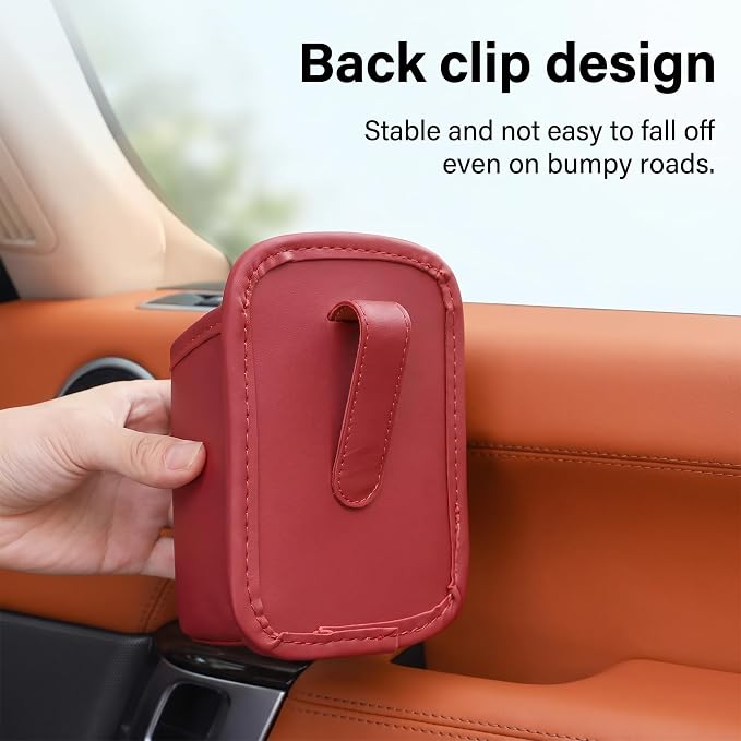 1 Pack Leather Car Door Cup Holder, Large Clip-On Seat Side Hanging Drink Holder, Auto Interior Water Bottle Organizer, Universal Hanging Storage Bag & Trash Can for Cars (Red) - Image 3