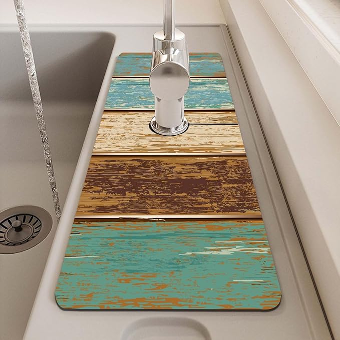 MCALK Wood Pattern Teal Kitchen Sink Faucet Mat Splash Guard, Absorbent Quick-Dry Kitchen Sink Mat - Ideal for Splash Guard & Drip Catching with Farmhouse Art Decor( 1pc 15"x5.5") - Image 7