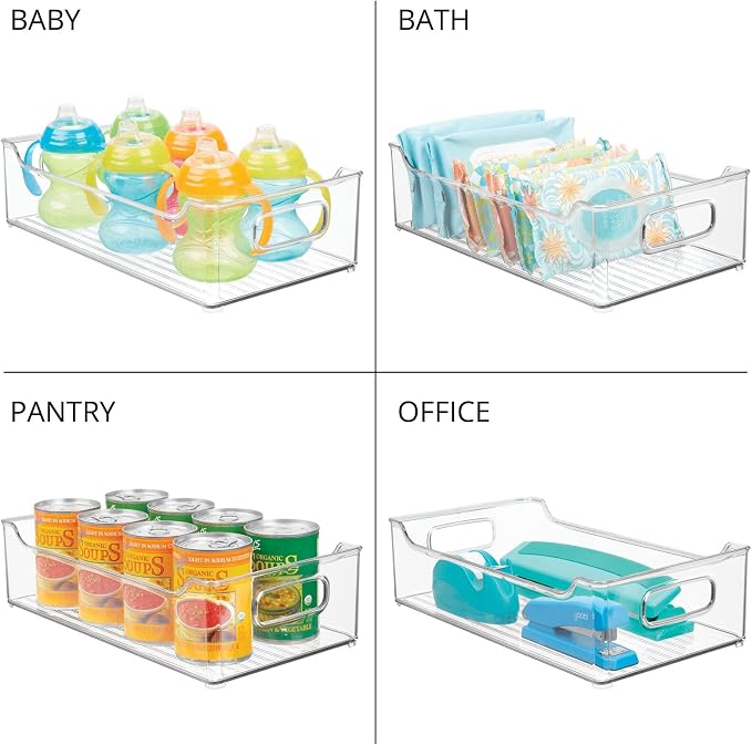 mDesign Wide Plastic Kitchen Storage Container Bins with Handles -Organization in Pantry, Cabinet, Refrigerator or Freezer Shelves - Food Organizer for Fruit, Yogurt, Squeeze Pouches - 2 Pack - Clear - Image 7